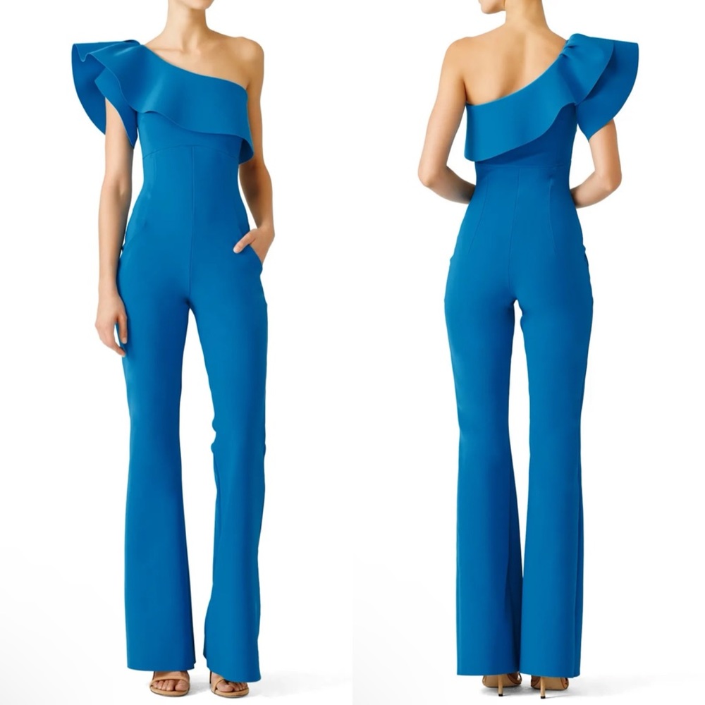Chiara Boni One-Shoulder Ruffle Jumpsuit in Cobalt Blue